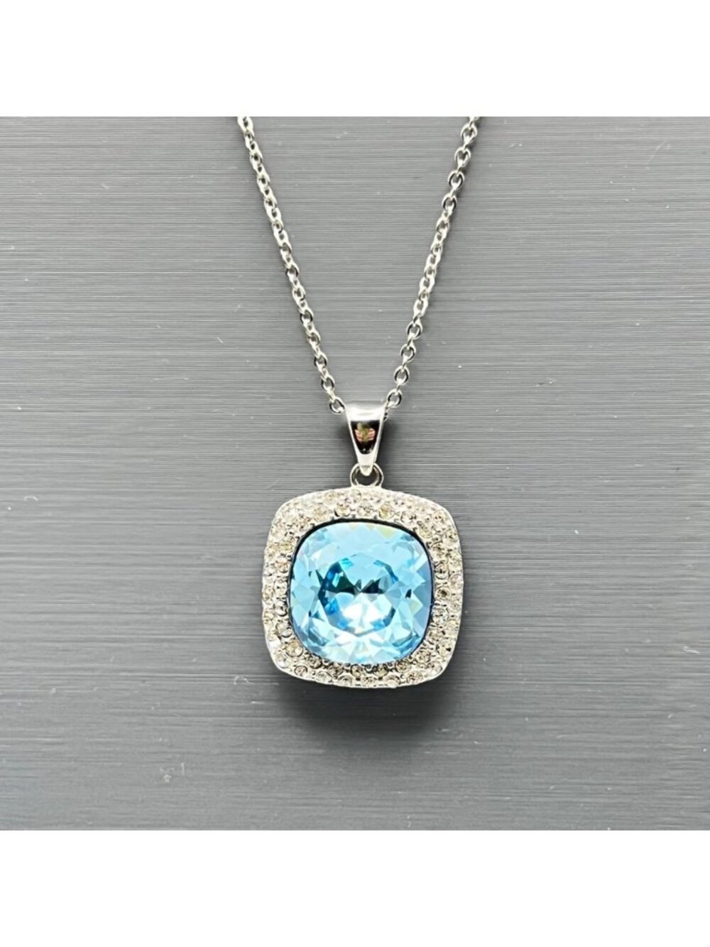 Sterling Silver Pendant Necklace 925 Sky Blue Cushion Halo CZ 18" 7.06g - Picture 2 of 9